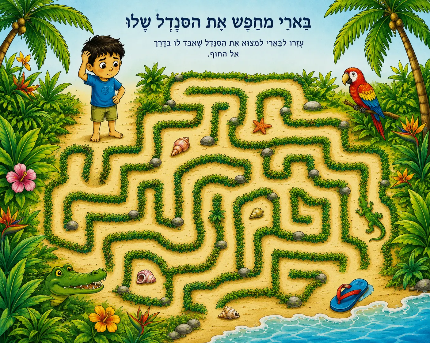 דף פעילות להדפסה: מבוך בשבילי הספארי שבסופו בארי מוצא את הסנדל שאיבד