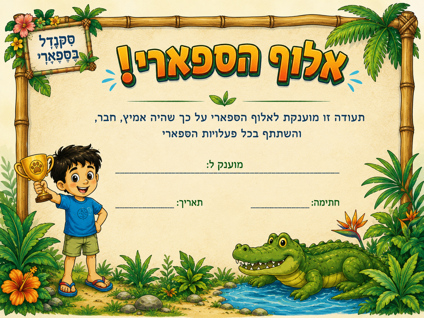 תעודת ספאריסט אמיץ להדפסה, עם מקום לשם הילד או הילדה ואיורי חיות ספארי